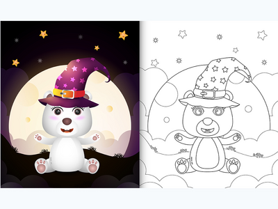着色书与可爱的卡通万圣节女巫北极熊在月球前(coloring book with a cute cartoon halloween witch polar bear front the moon)