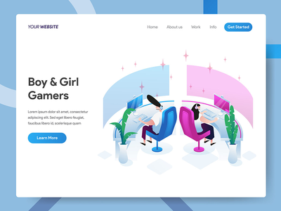 男孩和女孩游戏玩家等距插图(Boy and Girl Gamers Isometric Illustration)