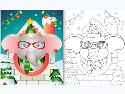 带有可爱的大象圣诞人物的图画书(coloring book with a cute elephant christmas characters)