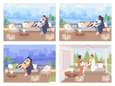 情侣放松户外平面彩色矢量插图集(Couple relax outdoor flat color vector illustration set)