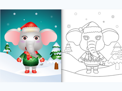 带有可爱的大象圣诞人物的图画书(coloring book with a cute elephant christmas characters)