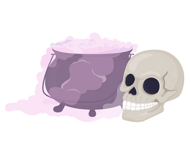 大锅和头骨半平面彩色矢量项目(Cauldron and skull semi flat color vector item)