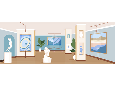 当代艺术画廊平面彩色矢量图(Contemporary art gallery flat color vector illustration)