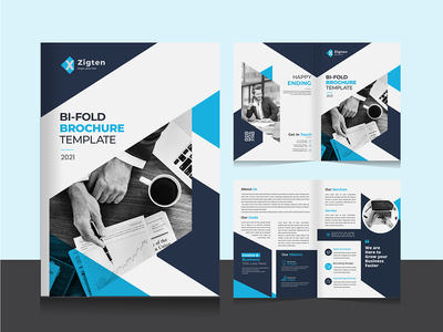 以 A4 格式清洁企业双折业务宣传册设计模板。(Clean corporate bi fold business brochure design template in A4 format.)