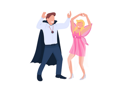 穿着服装的情侣跳舞半平面彩色矢量字符(Couple in costumes dancing semi flat color vector characters)