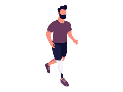用假腿半扁平色矢量字符慢跑的活跃男子(Active man jogging with prosthetic leg semi flat color vector character)