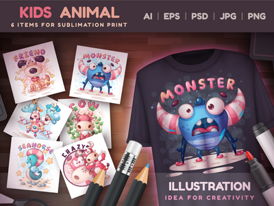 捆绑升华儿童动物 |卡通人物插图 PNG(Bundle Sublimation Kids Animals | Cartoon Character Illustration PNG)