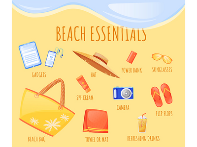 海滩必需品平面颜色矢量信息图表模板(Beach essentials flat color vector informational infographic template)