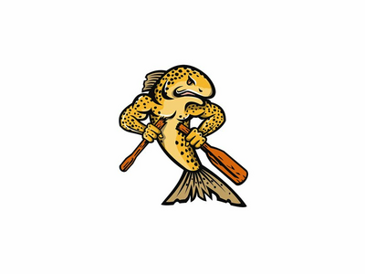 棕色鳟鱼 Salmo Trutta 或鲑鱼打破桨卡通吉祥物(Brown Trout Salmo Trutta or Salmon Breaking an Oar Paddle Cartoon Mascot)