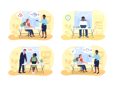 办公室中的通信 2D 矢量隔离插图集(Communication in office 2D vector isolated illustration set)