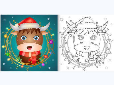 着色书与可爱的水牛与树枝装饰圣诞节(coloring book with a cute buffalo with twigs decoration christmas)