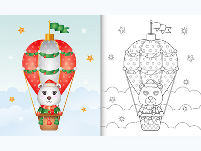 用热气球上可爱的北极熊圣诞人物着色书(coloring book with a cute polar bear christmas characters on hot air balloon)