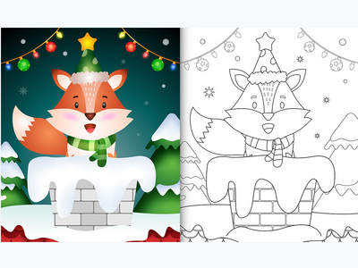 用帽子和围巾在烟囱里为可爱的狐狸孩子着色书(coloring book for kids with a cute fox using hat and scarf in chimney)