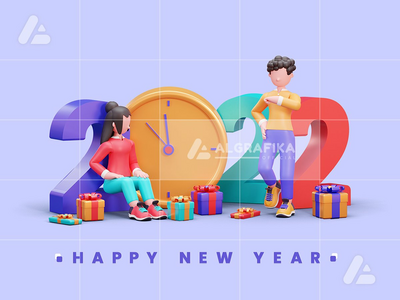 2022 年新年快乐 3d 人物插图(3d character illustration happy new year 2022)