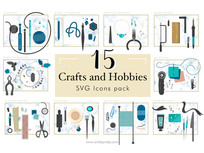 15 个手工艺和爱好 SVG 图标包。(15 Crafts and Hobbies SVG Icons pack.)