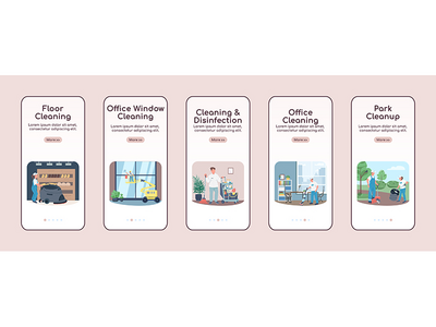 清洁业务入职移动应用屏幕平面矢量模板(Cleaning business onboarding mobile app screen flat vector templates)