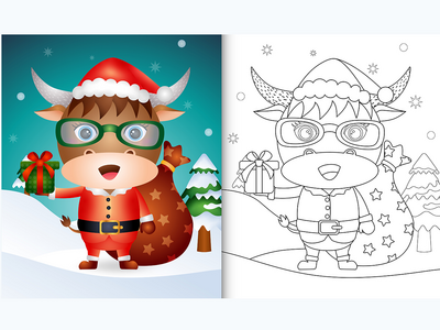 使用圣诞老人服装的可爱水牛着色书(coloring book with a cute buffalo using santa clause costume)