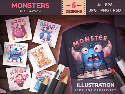 捆绑升华怪物 |卡通人物插图 PNG(Bundle Sublimation Monsters | Cartoon Character Illustration PNG)