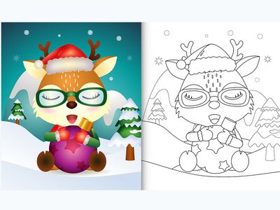 着色书与可爱的鹿拥抱圣诞球(coloring book with a cute deer hug christmas ball)