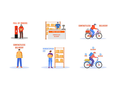 非接触式交付平面颜色矢量不露面字符集。(Contactless delivery flat color vector faceless characters set.)