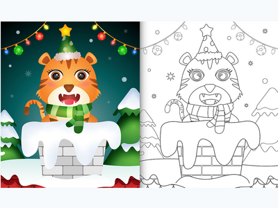 用帽子和围巾在烟囱里为可爱的老虎着色书(coloring book for kids with a cute tiger using hat and scarf in chimney)