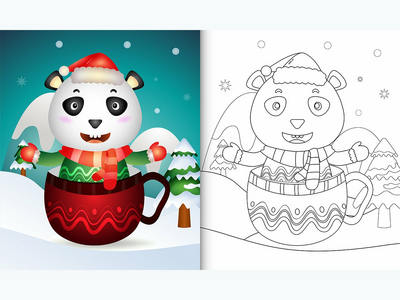 精灵杯中带有可爱熊猫圣诞人物的着色书(coloring book with a cute panda christmas characters in the elf cup)