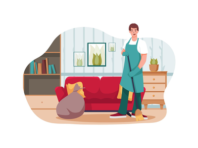 拿着扫帚的清洁工对干净的房子感到满意(Cleaning man holding broom satisfied with clean house)