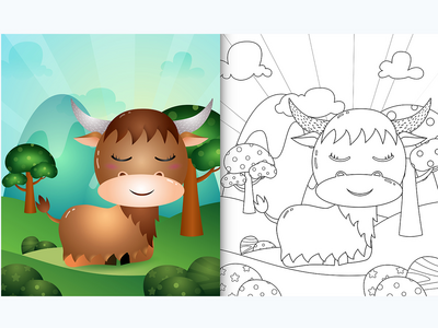 带有可爱水牛角色插图的儿童着色书(coloring book for kids with a cute buffalo character illustration)