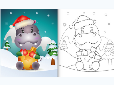 着色书与可爱的河马拥抱圣诞球(coloring book with a cute hippo hug christmas ball)