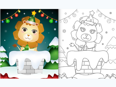 用圣诞帽和围巾在烟囱里为可爱狮子的孩子着色书(coloring book for kids with a cute lion using santa hat and scarf in chimney)