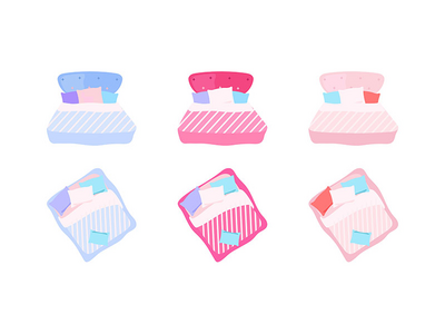 带枕头的床平面颜色矢量对象集(Bed with pillows flat color vector objects set)