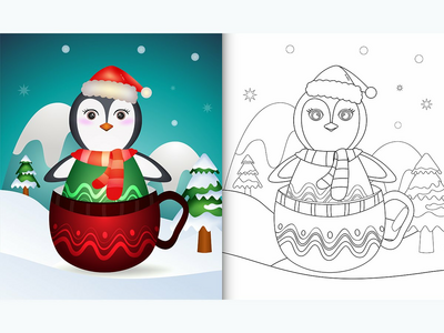 着色书，杯子里有可爱的企鹅圣诞人物(coloring book with a cute penguin christmas characters  in the cup)