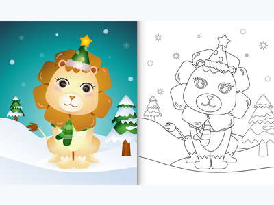 带有可爱的狮子圣诞人物系列的着色书(coloring book with a cute lion christmas characters collection)