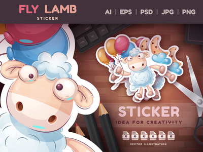 幼稚的卡通人物贴纸梦想羔羊(Childish Cartoon Character Sticker Dreams Lamb)