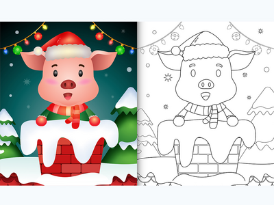 用圣诞老人的帽子和围巾在烟囱里给孩子们涂上可爱的猪(coloring for kids with a cute pig using santa hat and scarf in chimney)