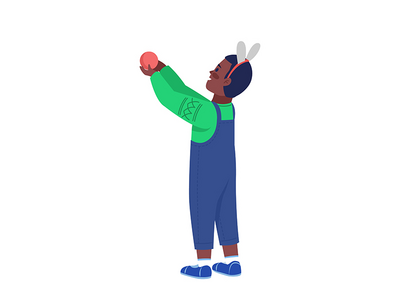 男孩拥有节日装饰半平面彩色矢量字符(Boy holds festive decoration semi flat color vector character)