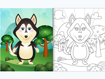 带有可爱哈士奇狗角色插图的儿童着色书(coloring book for kids with a cute husky dog character illustration)