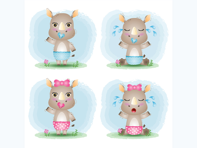 儿童风格的可爱小犀牛系列(cute baby rhino collection in the children's style)