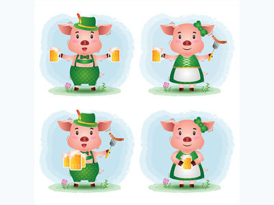 一对可爱的猪夫妇，穿着传统的慕尼黑啤酒节礼服(a cute pigs couple with traditional oktoberfest dress)