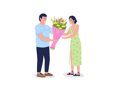 白种男人给快乐的女人花扁平的颜色矢量详细的字符(Caucasian man giving happy woman flowers flat color vector detailed characters)