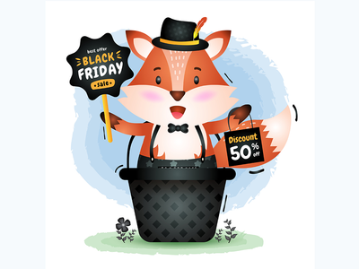 黑色星期五促销，篮子里有一只可爱的狐狸(Black friday sale with a cute fox in the basket)