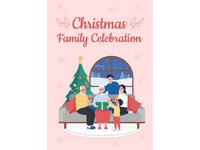 圣诞节家庭庆祝海报平面矢量模板(Christmas family celebration poster flat vector template)