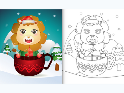 着色书，杯子里有可爱的狮子圣诞人物(coloring book with a cute lion christmas characters  in the cup)