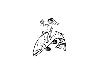 新娘渔夫骑着钢头鳟鱼卡通片的花束(Bride Fisherman with Flower Bouquet Riding a Steelhead Trout Cartoon)