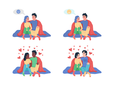 毯子下的情侣半平面彩色矢量字符集(Couple under blanket semi flat color vector character set)
