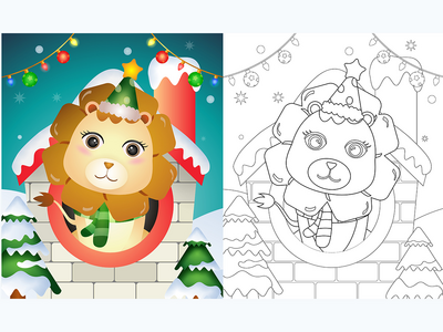 带有可爱的狮子圣诞人物的图画书(coloring book with a cute lion christmas characters)