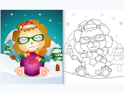 用可爱的狮子拥抱圣诞球的图画书(coloring book with a cute lion hug christmas ball)