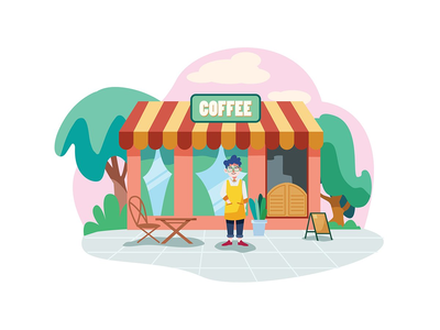 咖啡店老板在店门前穿着围裙(A coffee shop owner wearing apron in front of the shop facade)