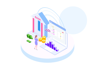 通过财务等轴测图将账户与银行联系起来(Connect Account with Bank by Finance Isometric Illustration)