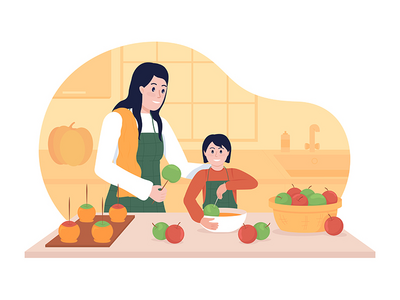 在秋季 2D 矢量孤立插图中与孩子一起烹饪(Cooking with child in fall 2D vector isolated illustration)